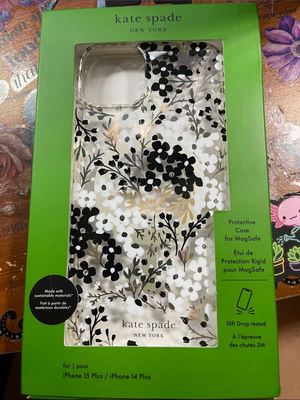 kate spade Floral iPhone 15 plus/14 plus Case in Black, White & Gold